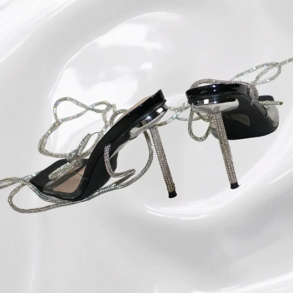 Azalea Wang Gomer Nude Silver Rhinestone Gladiator Wrap Stiletto Heel, Size 9